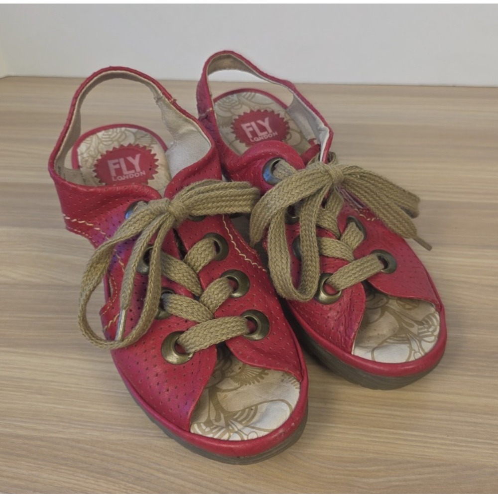 Fly London Yito Women Sz‎ 37 Red Patent Leather Wedge Open Toe Sandals US Sz 6.5